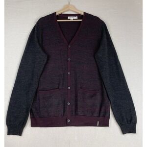 Calvin Klein‎ Mens Cardigan Sweater Large Burgundy Gray Y2K Wool Blend Preppy